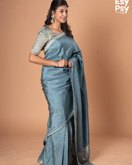 Pastel blue Semi Tussar readymade saree with readymade brocade blouse