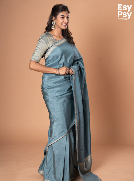Pastel blue Semi Tussar readymade saree with readymade brocade blouse