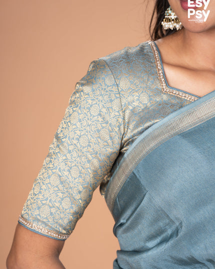 Pastel blue Semi Tussar readymade saree with readymade brocade blouse