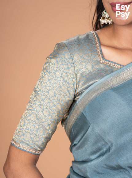 Pastel blue Semi Tussar readymade saree with readymade brocade blouse