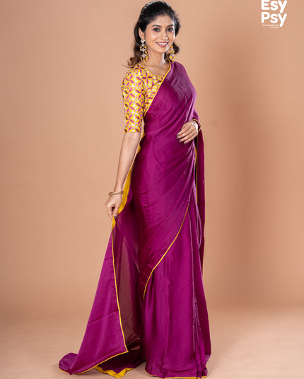 Purple Satin Crepe readymade saree with readymade brocade blouse
