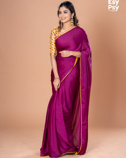 Purple Satin Crepe readymade saree with readymade brocade blouse