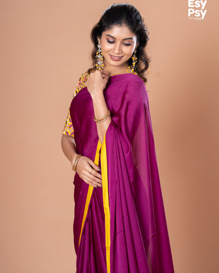 Purple Satin Crepe readymade saree with readymade brocade blouse