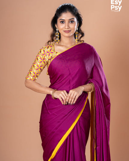 Purple Satin Crepe readymade saree with readymade brocade blouse