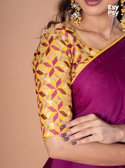 Purple Satin Crepe readymade saree with readymade brocade blouse