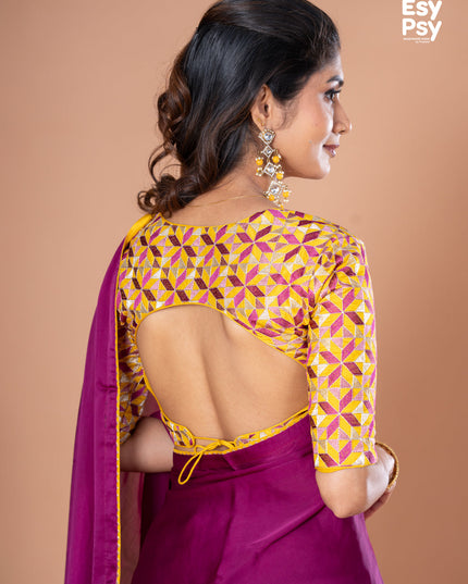 Purple Satin Crepe readymade saree with readymade brocade blouse
