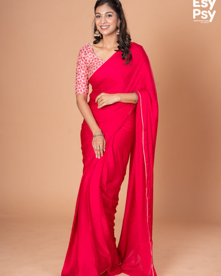Pink Satin Crepe readymade saree with readymade brocade blouse