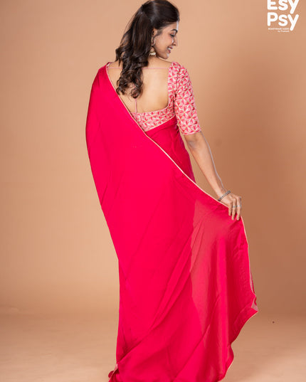 Pink Satin Crepe readymade saree with readymade brocade blouse