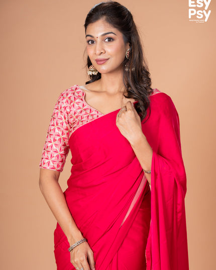Pink Satin Crepe readymade saree with readymade brocade blouse