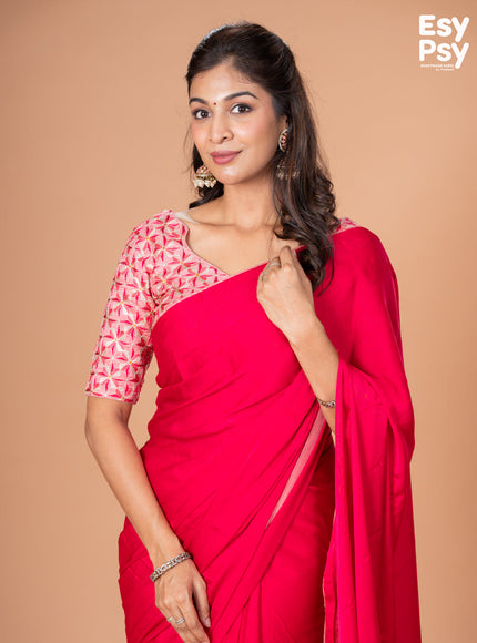Pink Satin Crepe readymade saree with readymade brocade blouse