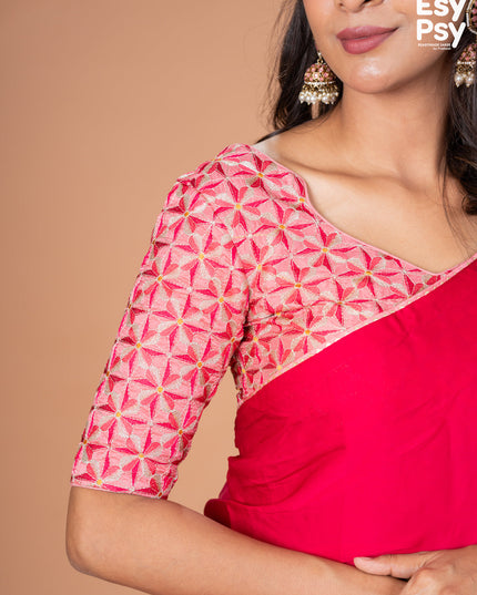 Pink Satin Crepe readymade saree with readymade brocade blouse