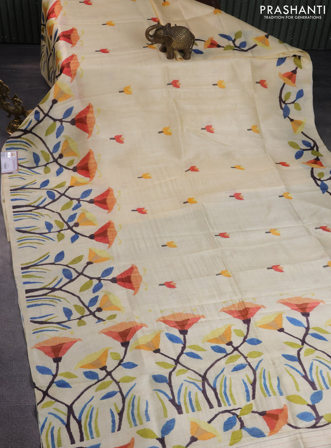 Printed silk saree cream with floral butta prints and long printed border