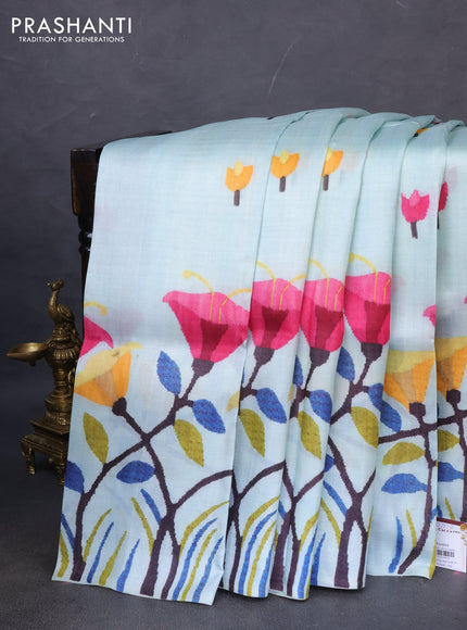 Printed silk saree pastel blue with floral butta prints and long printed border