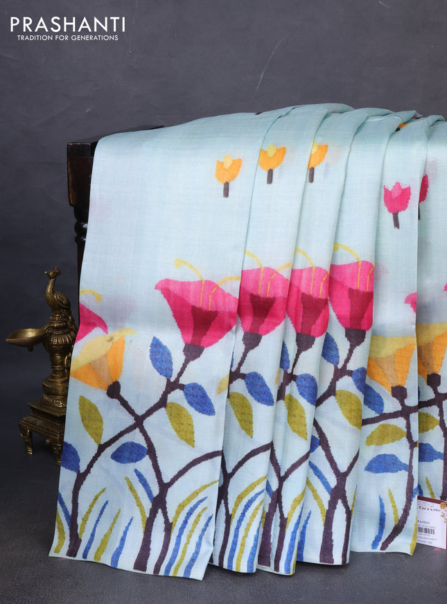Printed silk saree pastel blue with floral butta prints and long printed border