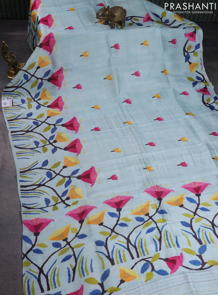 Printed silk saree pastel blue with floral butta prints and long printed border