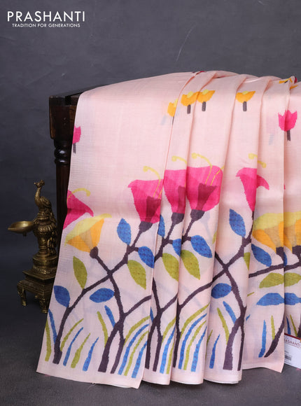 Printed silk saree mild peach with floral butta prints and long printed border