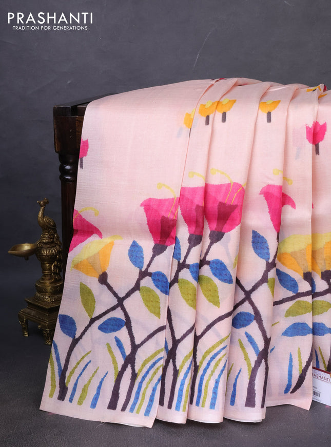 Printed silk saree mild peach with floral butta prints and long printed border