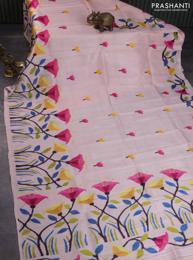 Printed silk saree mild peach with floral butta prints and long printed border