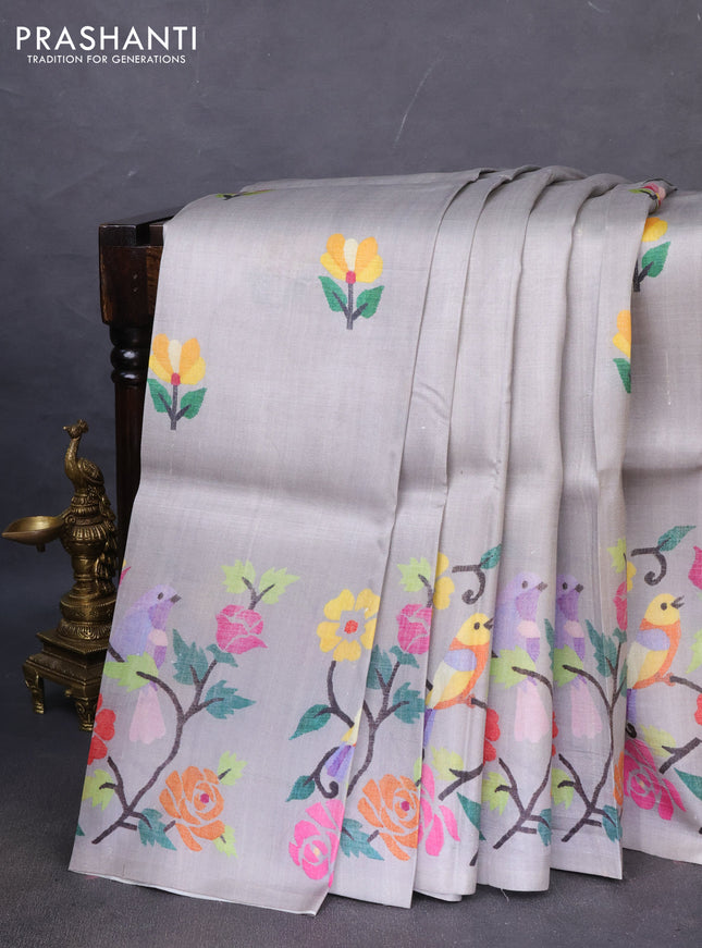 Printed silk saree grey with floral butta prints and long printed border