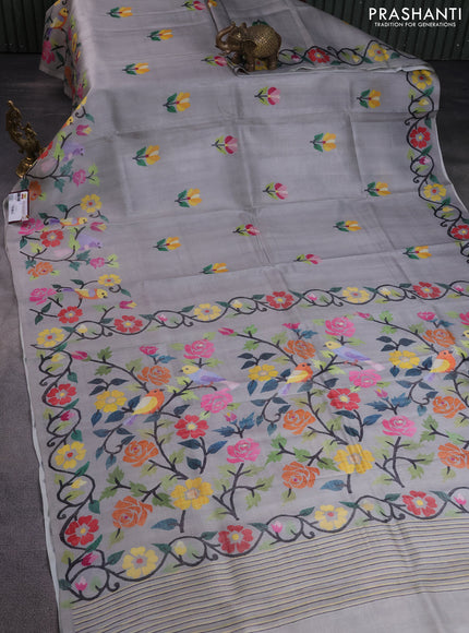 Printed silk saree grey with floral butta prints and long printed border