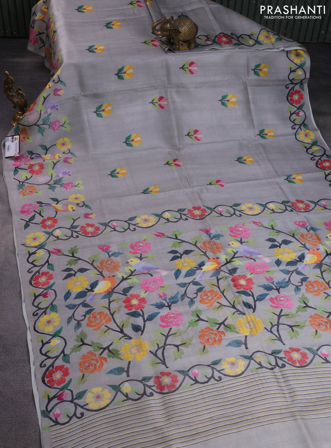 Printed silk saree grey with floral butta prints and long printed border