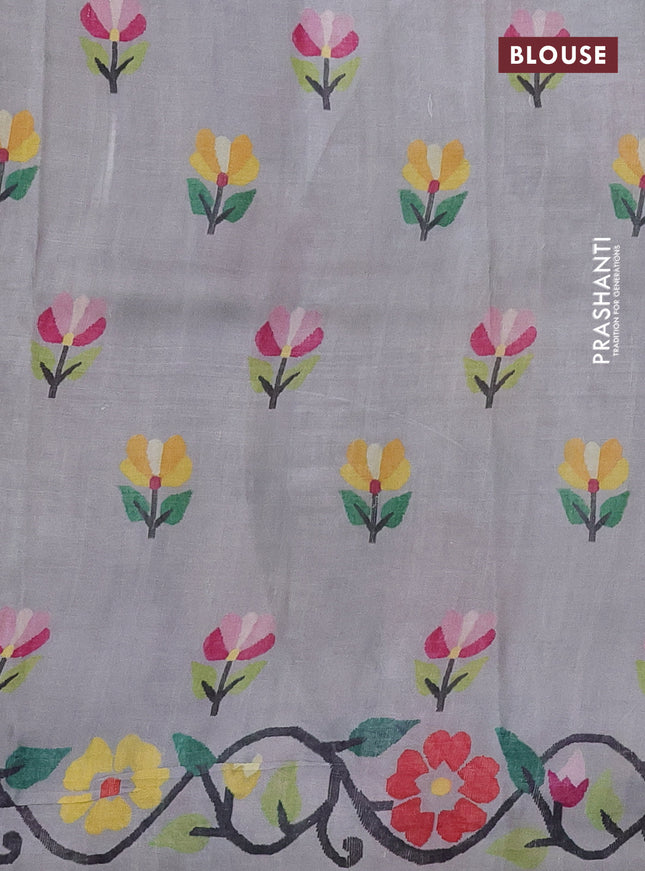 Printed silk saree grey with floral butta prints and long printed border