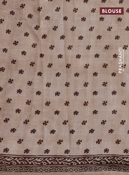 Printed silk saree sandal and brown with plain body and long printed border