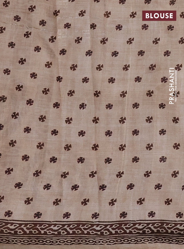 Printed silk saree sandal and brown with plain body and long printed border