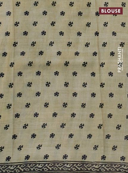 Printed silk saree beige and black with plain body and long printed border