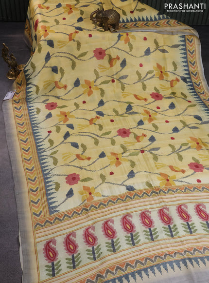 Printed silk saree pale yellow and grey with allover madhubani prints and printed border