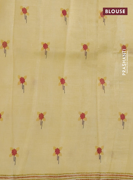 Printed silk saree pale yellow and grey with allover madhubani prints and printed border