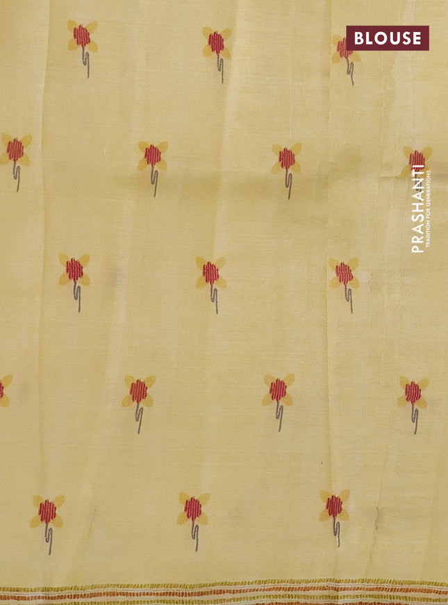 Printed silk saree pale yellow and grey with allover madhubani prints and printed border