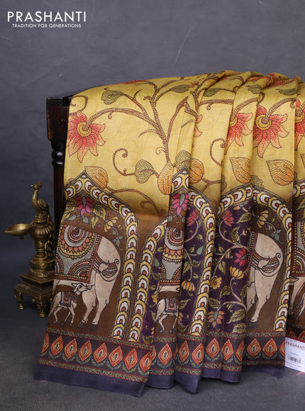 Printed silk saree mustard yellow and brown with allover madhubani prints and long printed border