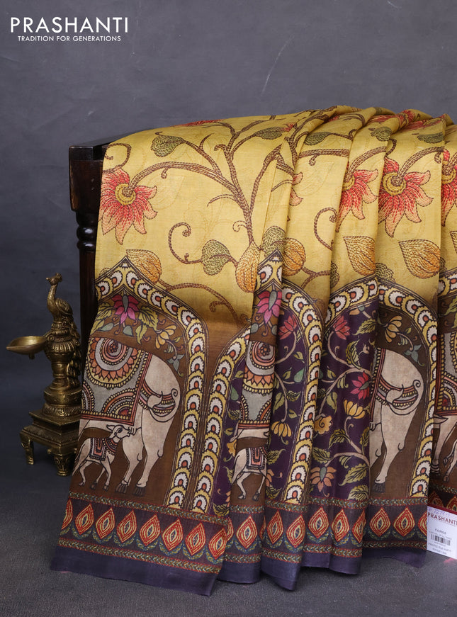 Printed silk saree mustard yellow and brown with allover madhubani prints and long printed border