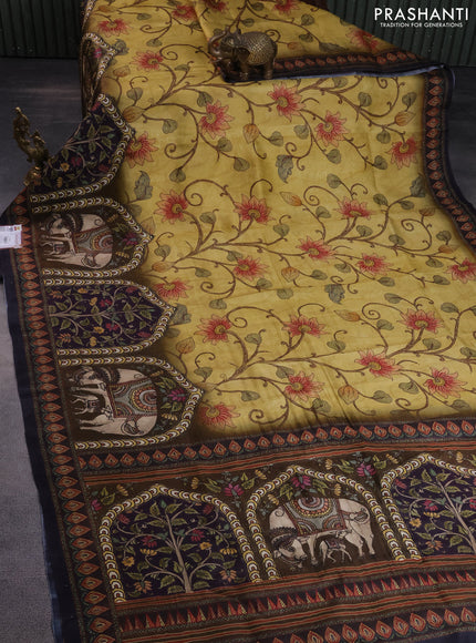 Printed silk saree mustard yellow and brown with allover madhubani prints and long printed border