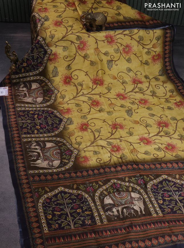 Printed silk saree mustard yellow and brown with allover madhubani prints and long printed border