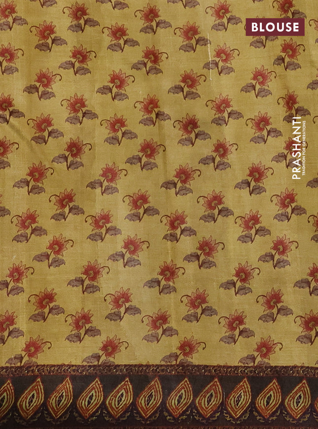 Printed silk saree mustard yellow and brown with allover madhubani prints and long printed border