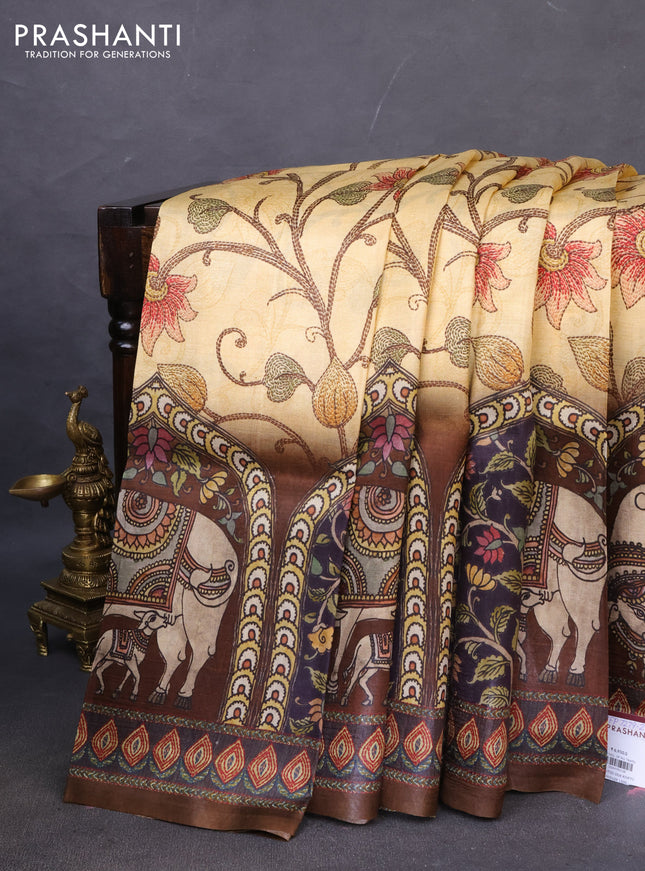 Printed silk saree sandal and brown with allover madhubani prints and long printed border