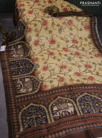 Printed silk saree sandal and brown with allover madhubani prints and long printed border