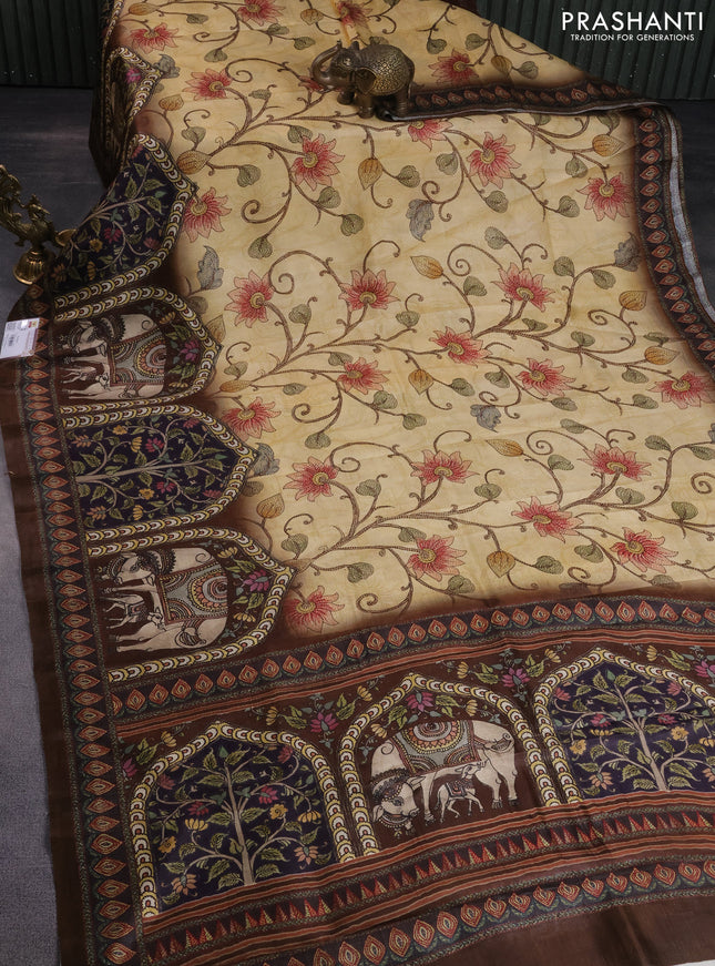 Printed silk saree sandal and brown with allover madhubani prints and long printed border