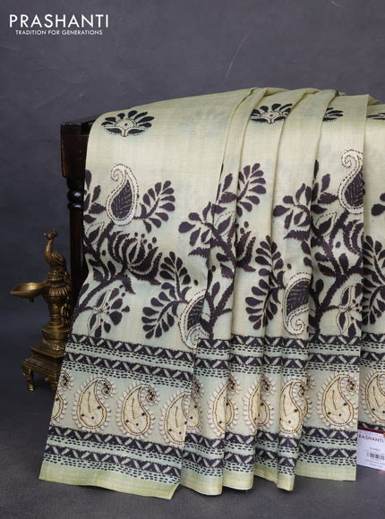 Printed silk saree pista green with butta prints and long madhubani printed border