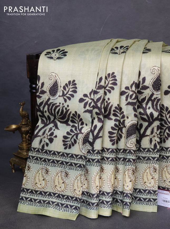 Printed silk saree pista green with butta prints and long madhubani printed border