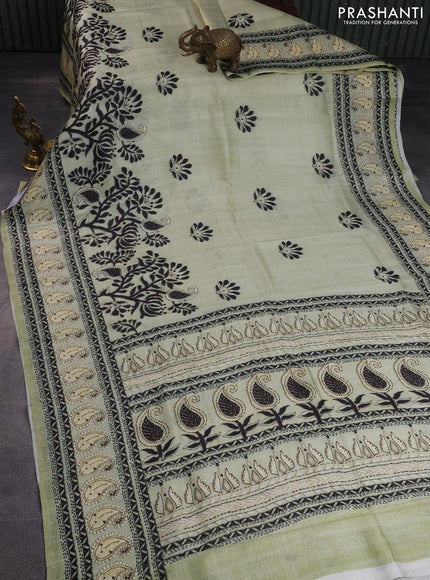 Printed silk saree pista green with butta prints and long madhubani printed border