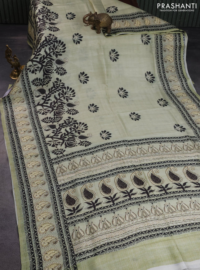 Printed silk saree pista green with butta prints and long madhubani printed border