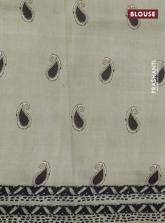 Printed silk saree pista green with butta prints and long madhubani printed border