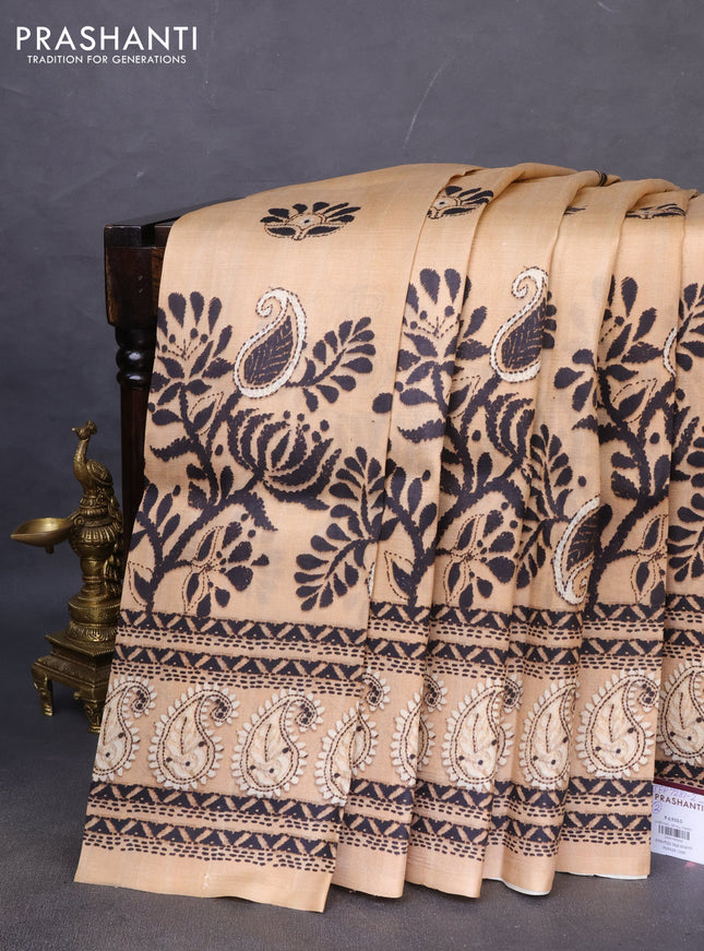 Printed silk saree sandal with butta prints and long madhubani printed border