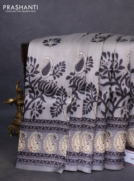 Printed silk saree pastel grey and grey with butta prints and long madhubani printed border