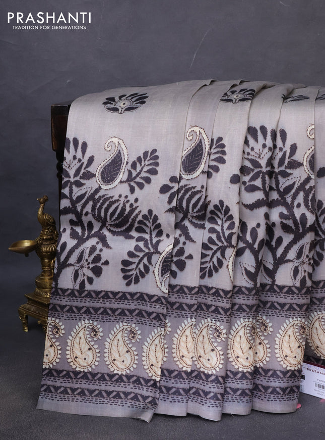 Printed silk saree pastel grey and grey with butta prints and long madhubani printed border