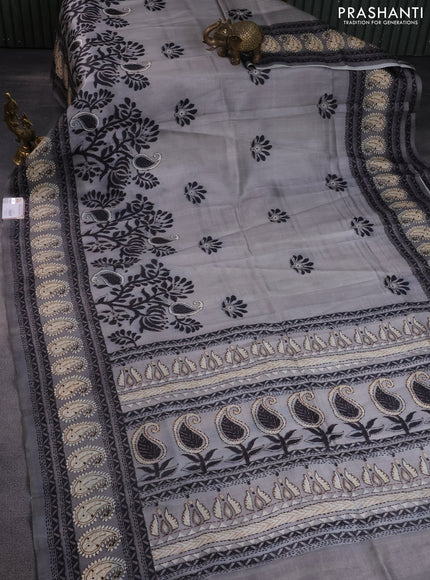 Printed silk saree pastel grey and grey with butta prints and long madhubani printed border