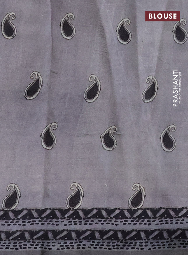 Printed silk saree pastel grey and grey with butta prints and long madhubani printed border